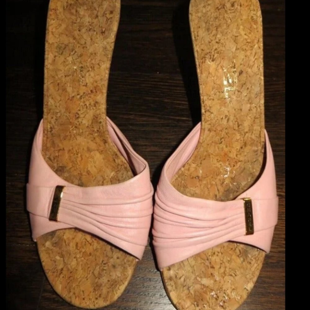 Auth. Chanel Sandals Leather and Cork Heels Soft Pink Color Size EU 36